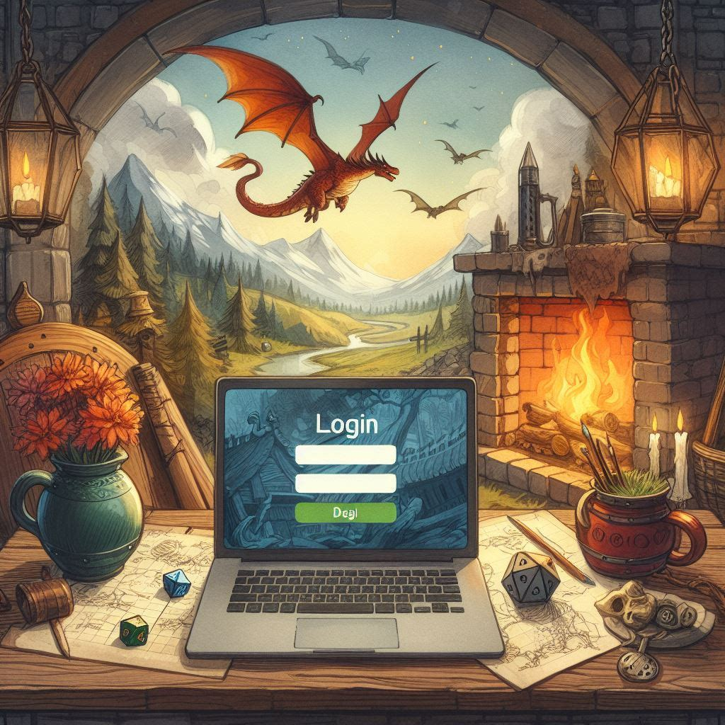 A table with D&D accessories and labtop sits in front of an archway opening onto a classic fantasy scene with a red dragon flying over a valley.